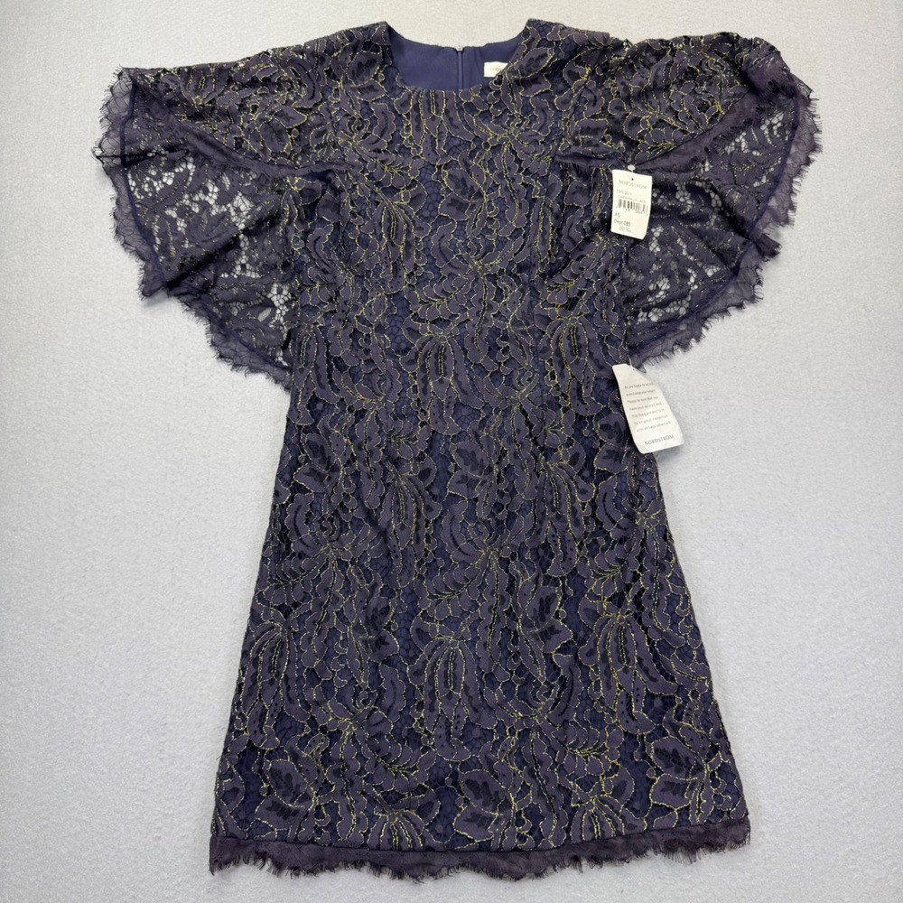 Dress The Population Womens XS Dark Navy Gold Lace Flutter Sleeve Mini Dress NEW